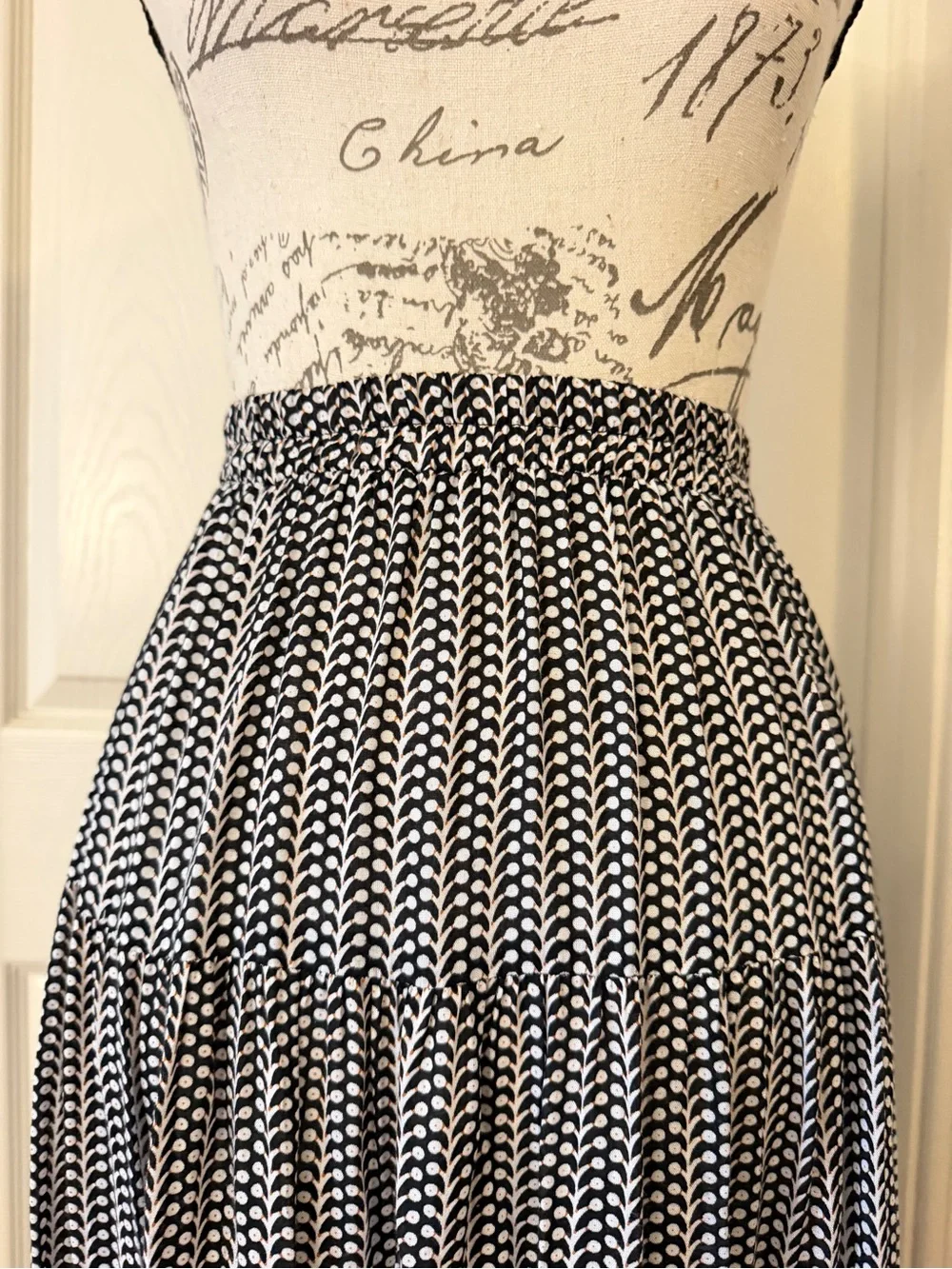 Tiered Black & White Printed Midi Skirt